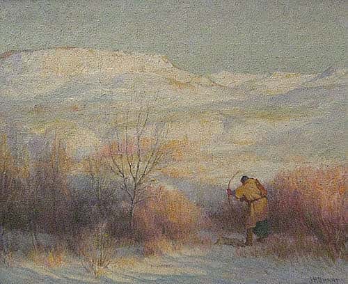 Untitled (Indian with bow and arrow in winter landscape)